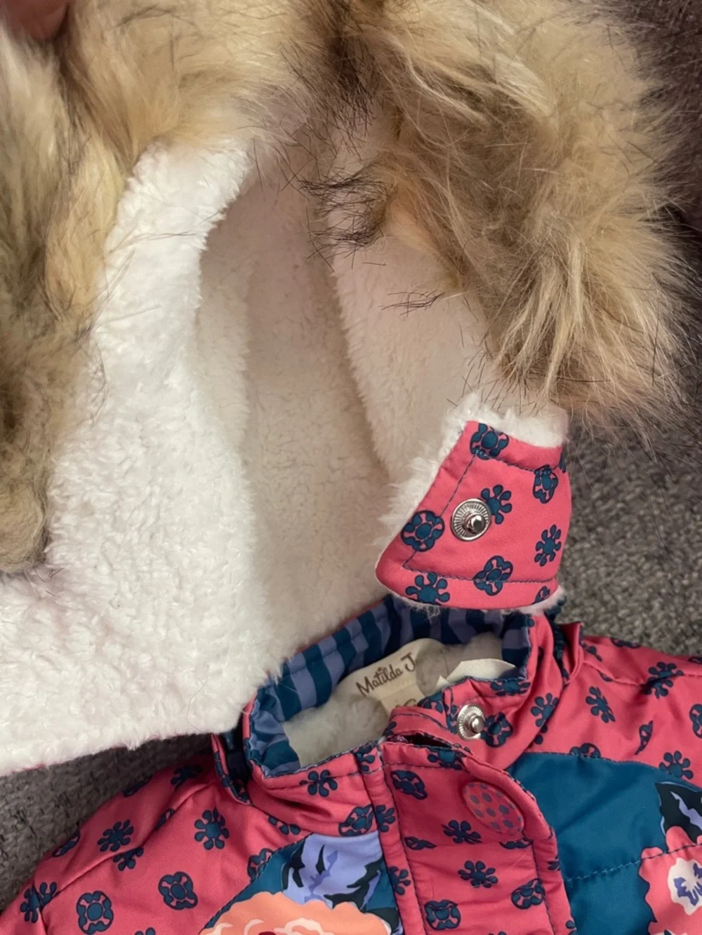 Matilda Jane Teal Floral Puffer Footed Snowsuit with Coral Pink Sleeves - Picture 4 of 5